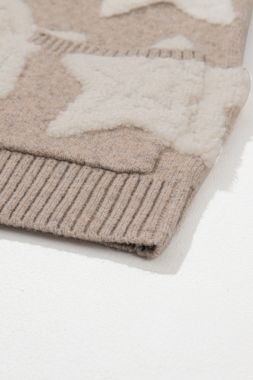 Khaki Sherpa Star Pattern Textured Sweater Cardigan with Pockets - loveforevers