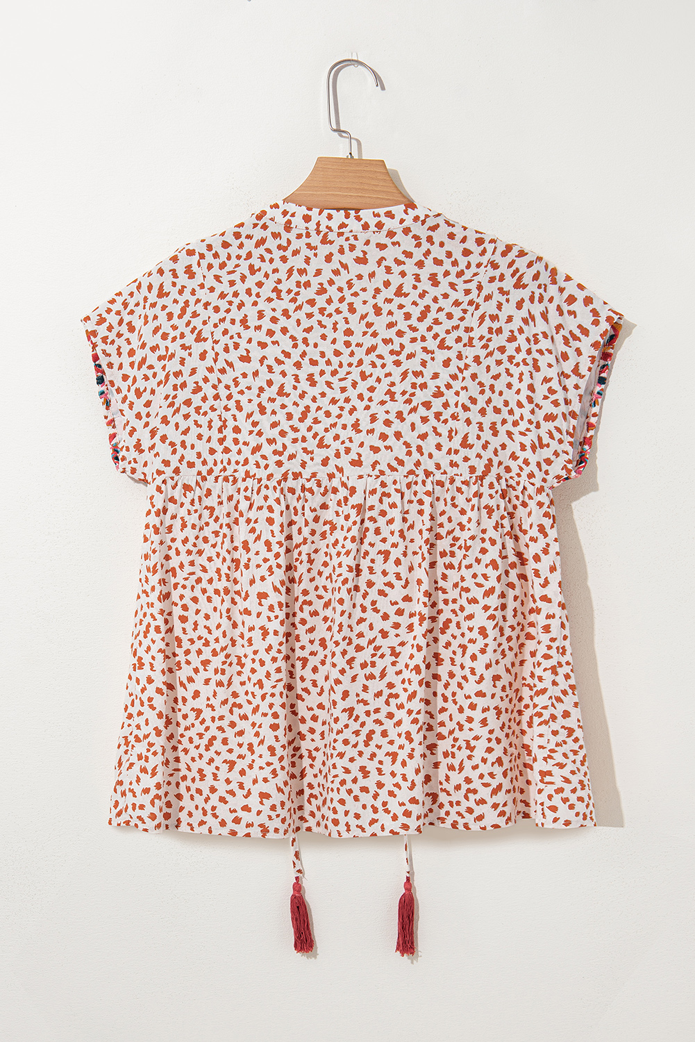 Red Printed Embroidery Detail Tie Split Neck Blouse - loveforevers