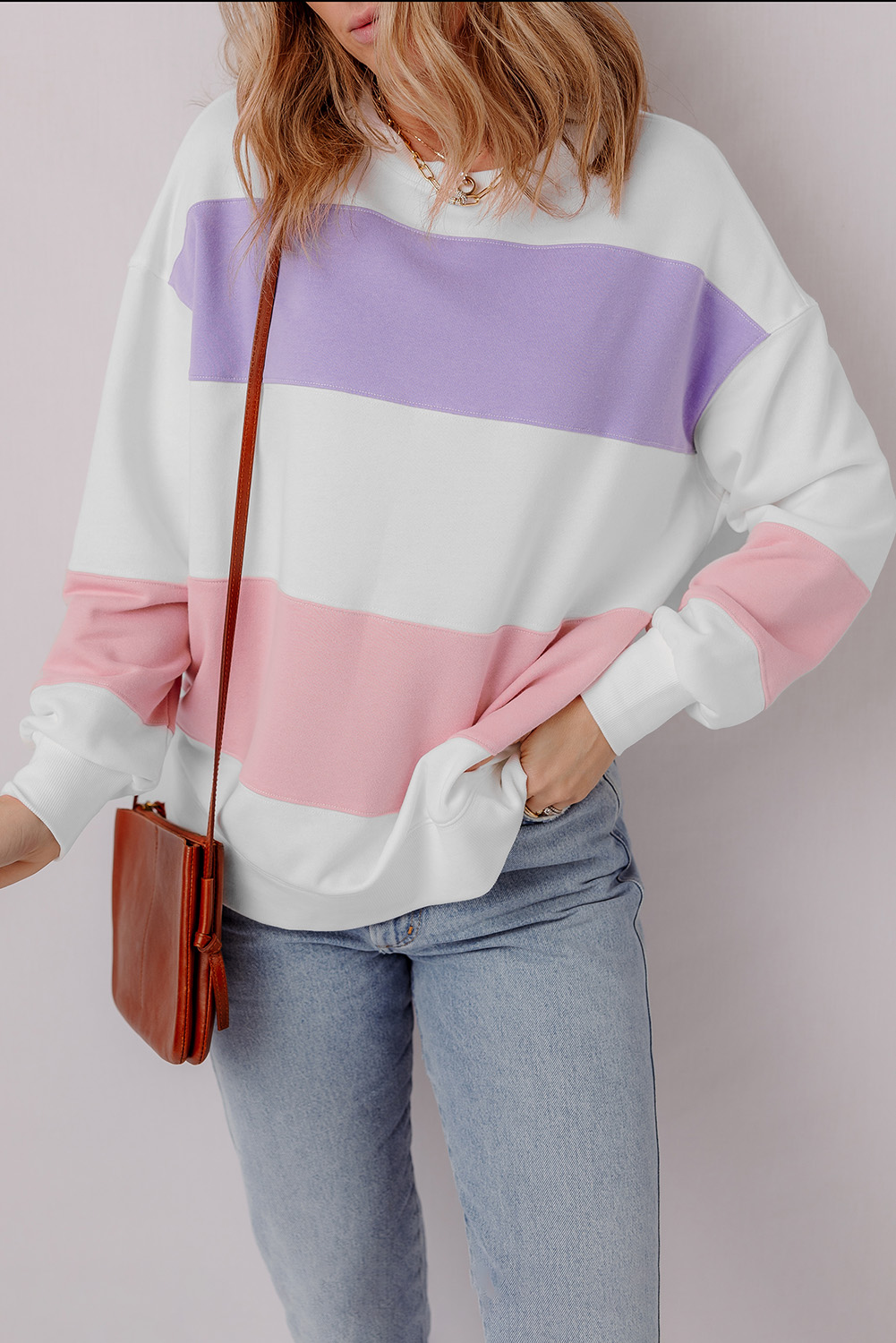 Beige Colorblock Patchwork Drop Shoulder Crewneck Sweatshirt - loveforevers
