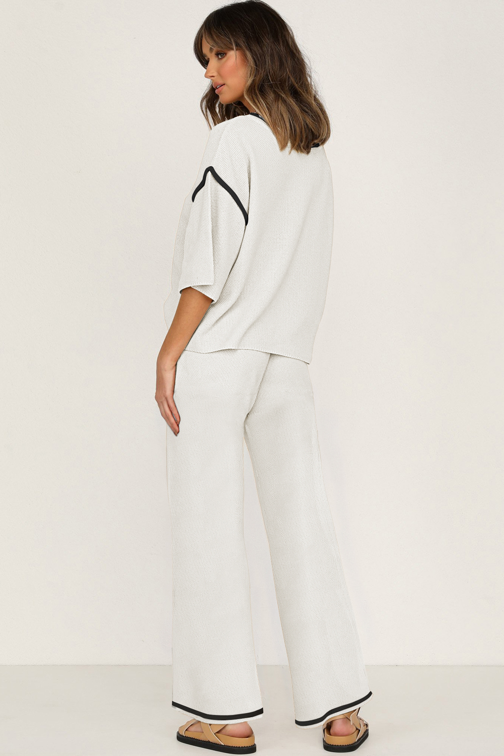 Blackish Green Contrast Trim Half Sleeve Top Drawstring Pants Loose 2pcs Sweater Suit - loveforevers