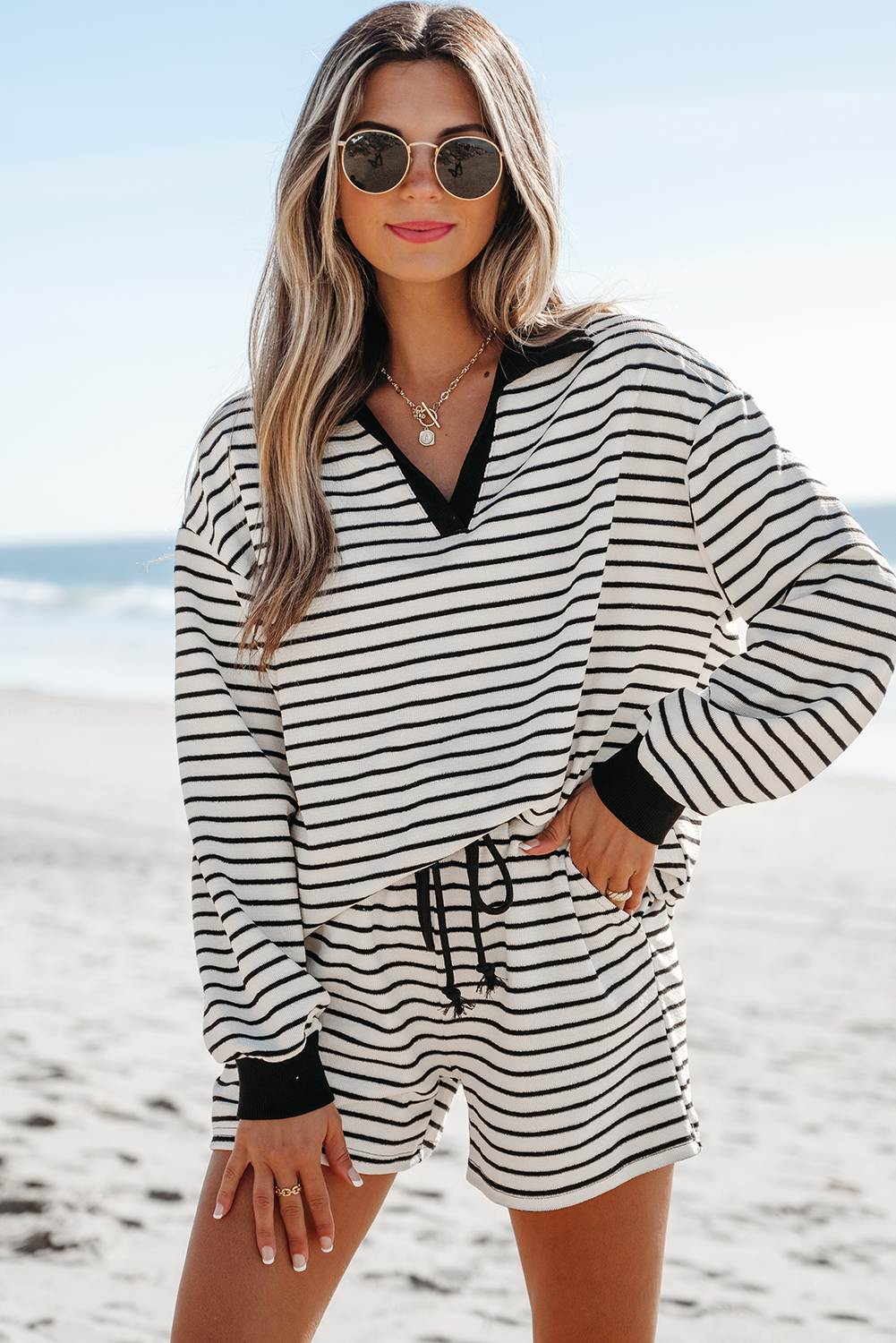 Black Stripe Collared Long Sleeve Top and Drawstring Shorts Set - loveforevers