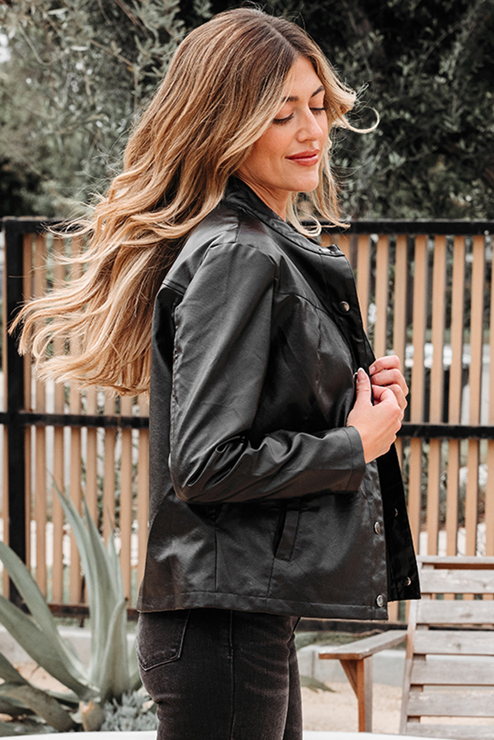 Black Faux Leather Buttoned Front Boxy Jacket - loveforevers