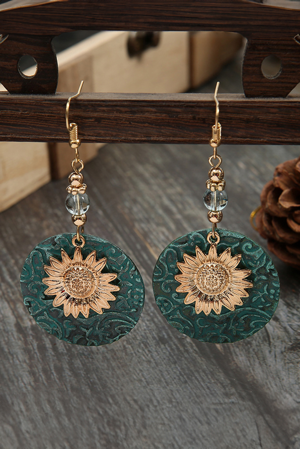 Real Teal Retro Sunflower Disc Alloy Dangle Earrings - loveforevers