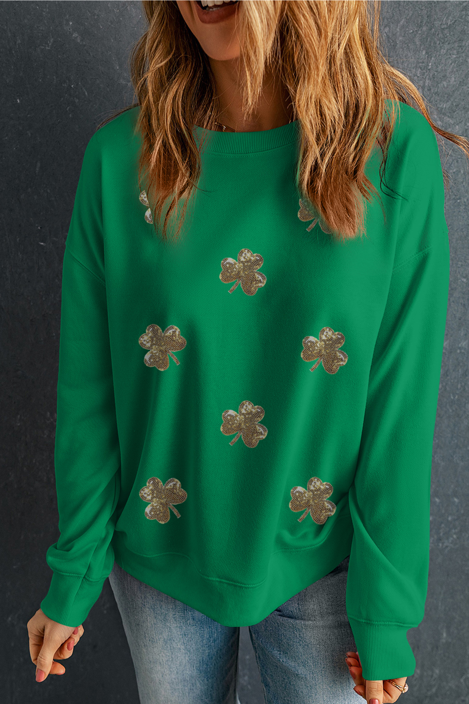 Dark Green Sequin Shamrock Irish Festive Graphic Sweatshirt - loveforevers