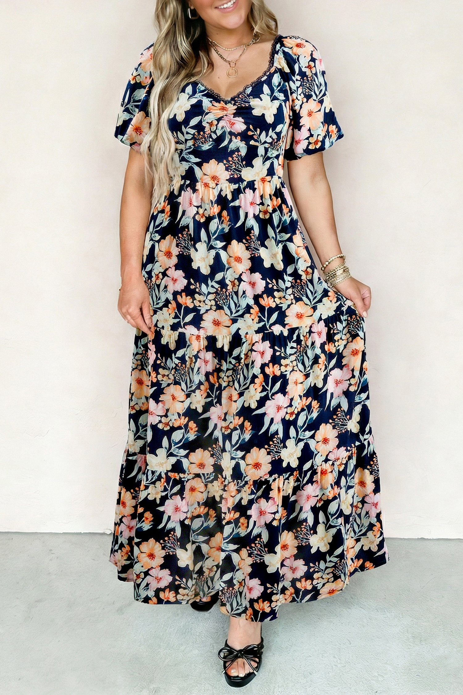 Blue Short Sleeve Smocked Detail High Waist Floral Maxi Dress - loveforevers