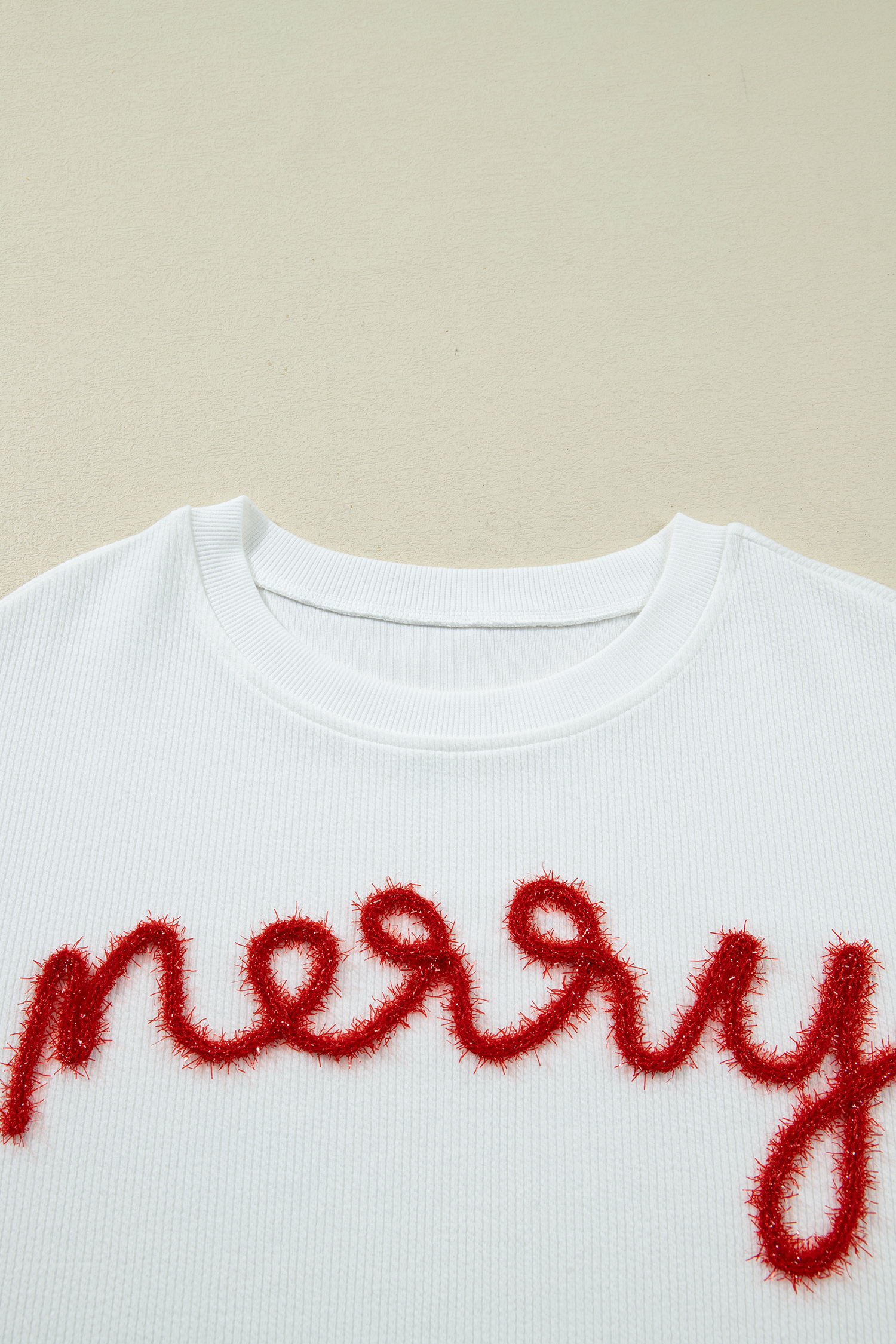 White Merry Tinsel Letter Embroidery Ribbed Drop Shoulder Sweatshirt - loveforevers