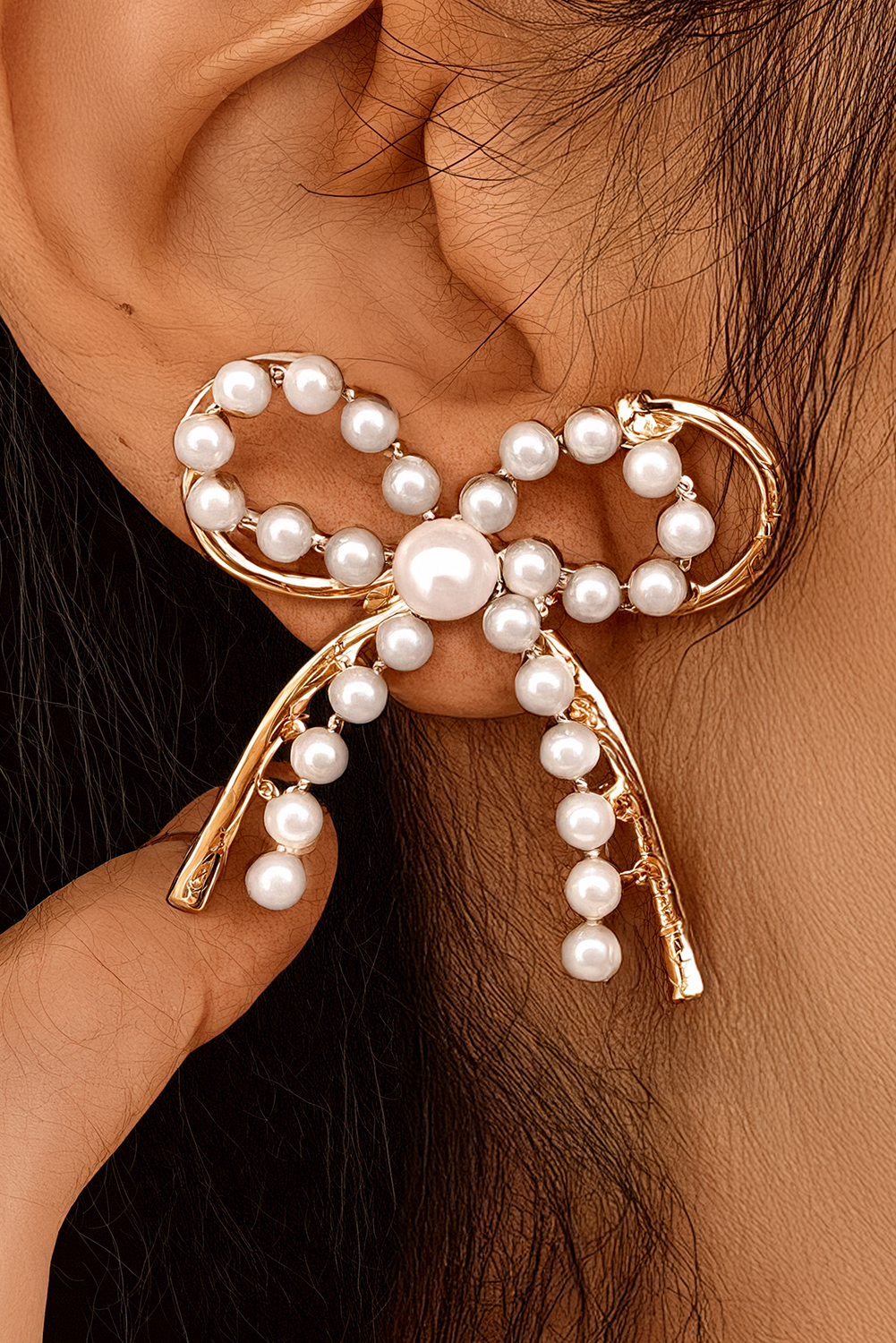 Gold Pearl Embellished Alloy Bow Knot Stud Earrings - loveforevers