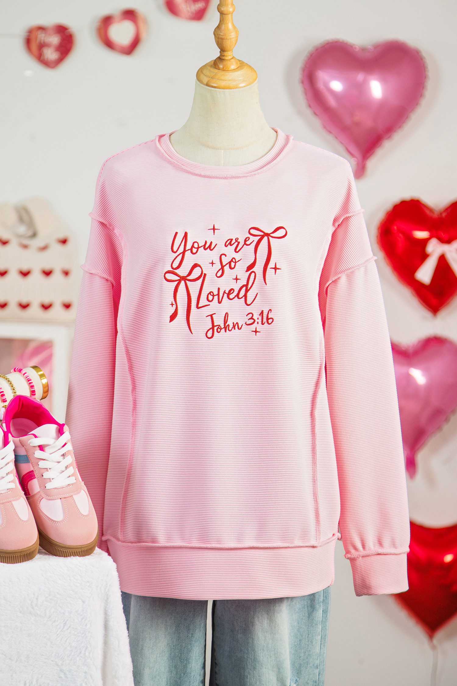 Pink you are so loved Valentines Day Bow Embroidered Graphic Pullover Top - loveforevers