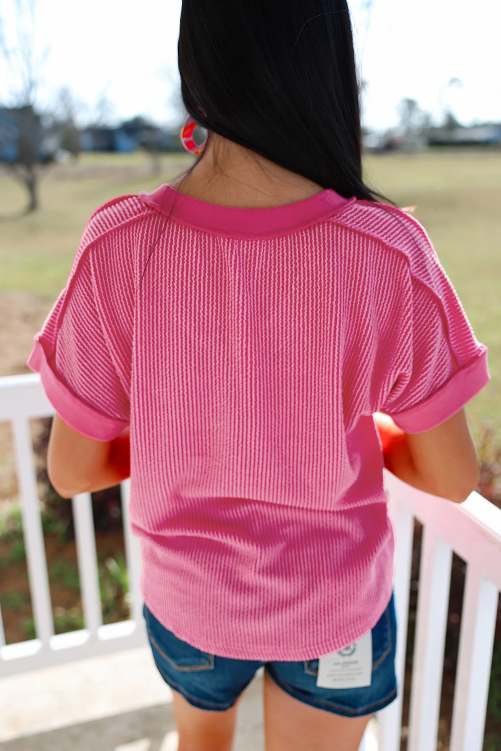 Rose Red Twisted Ribbed Knit V Neck Casual Tee - loveforevers