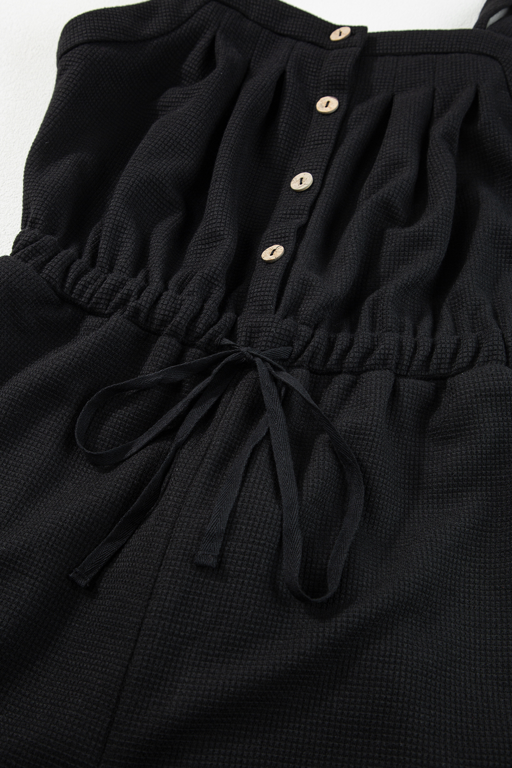 Black Knotted Straps Button Textured Drawstring Jumpsuit - loveforevers