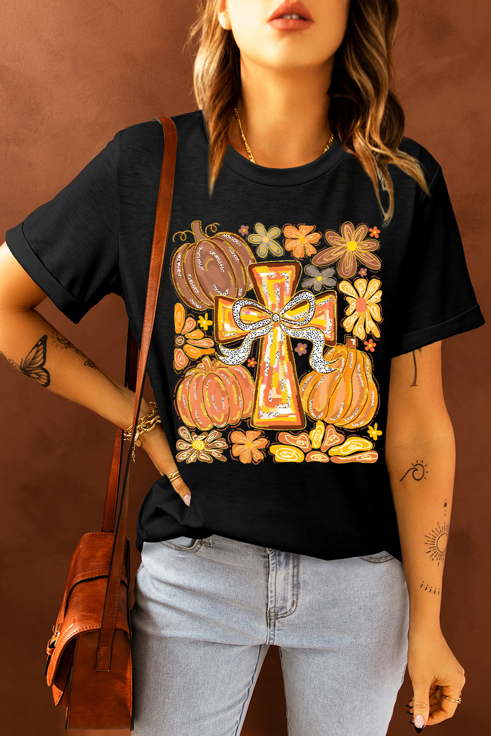 Black Thanksgiving Pray Cross Pumpkin Graphic Cotton Blend Tee - loveforevers