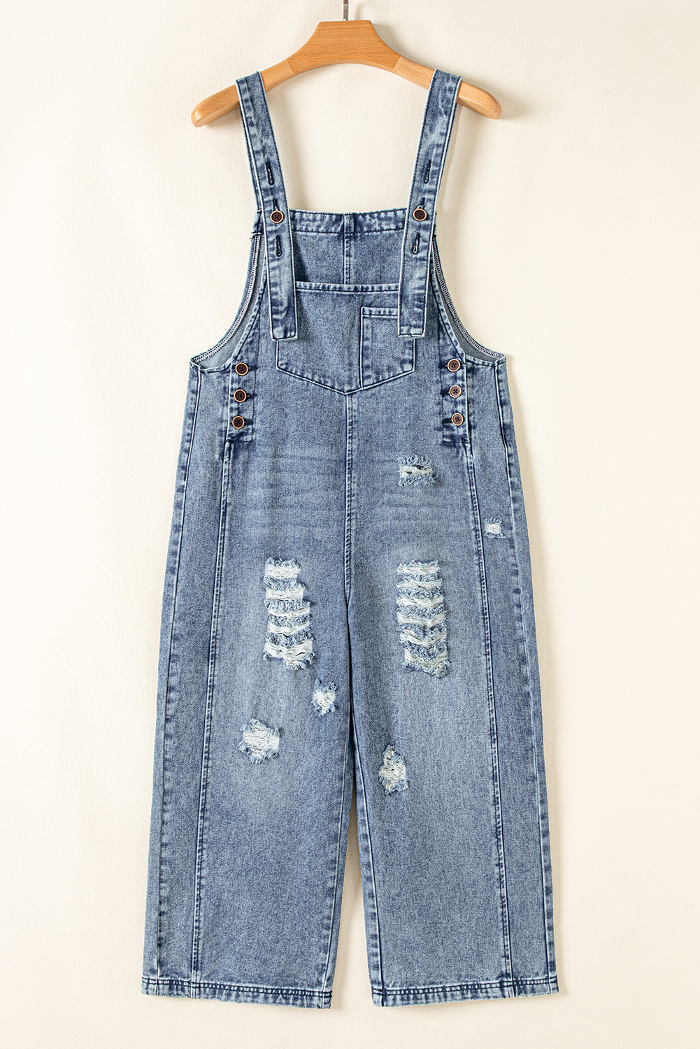 Stone Blue Distressed Bib Pocket Wide Leg Denim Overall - loveforevers