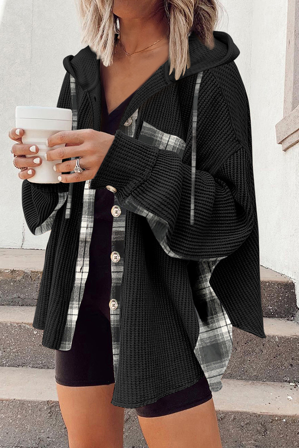 Black Waffle Knit Plaid Patchwork Drawstring Hooded Shacket - loveforevers