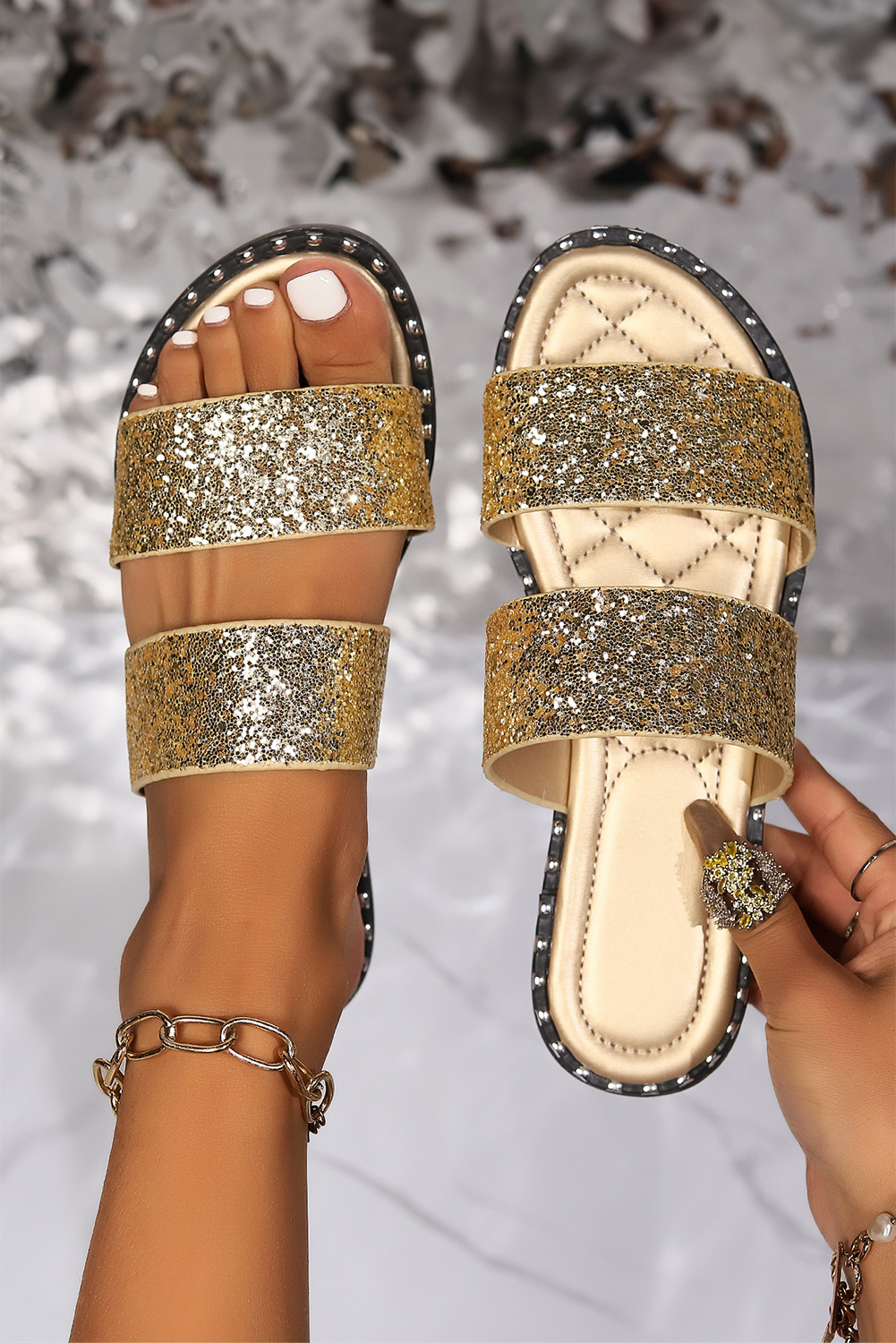 Gold Glittering Hollow Out Dual Straps Flat Slippers - loveforevers