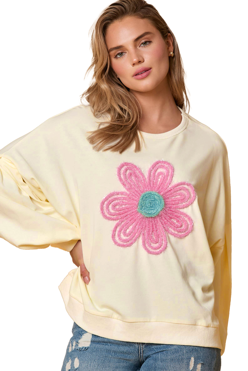 Beige Tinsel Flower Dropped Puff Sleeve Sweatshirt - loveforevers