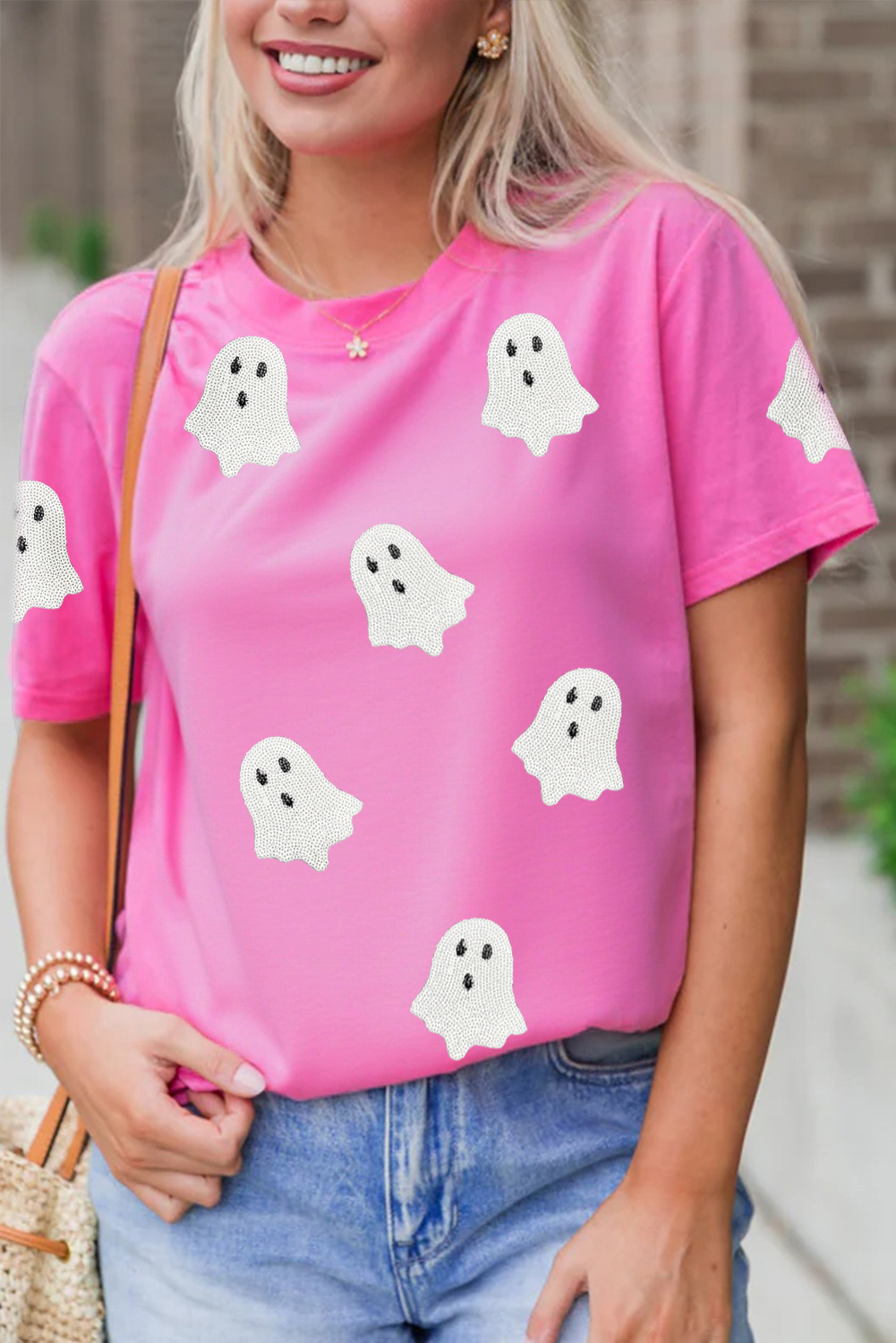 Wisteria Glitter Trim Chenille Ghost Patched Halloween Graphic Tee - loveforevers
