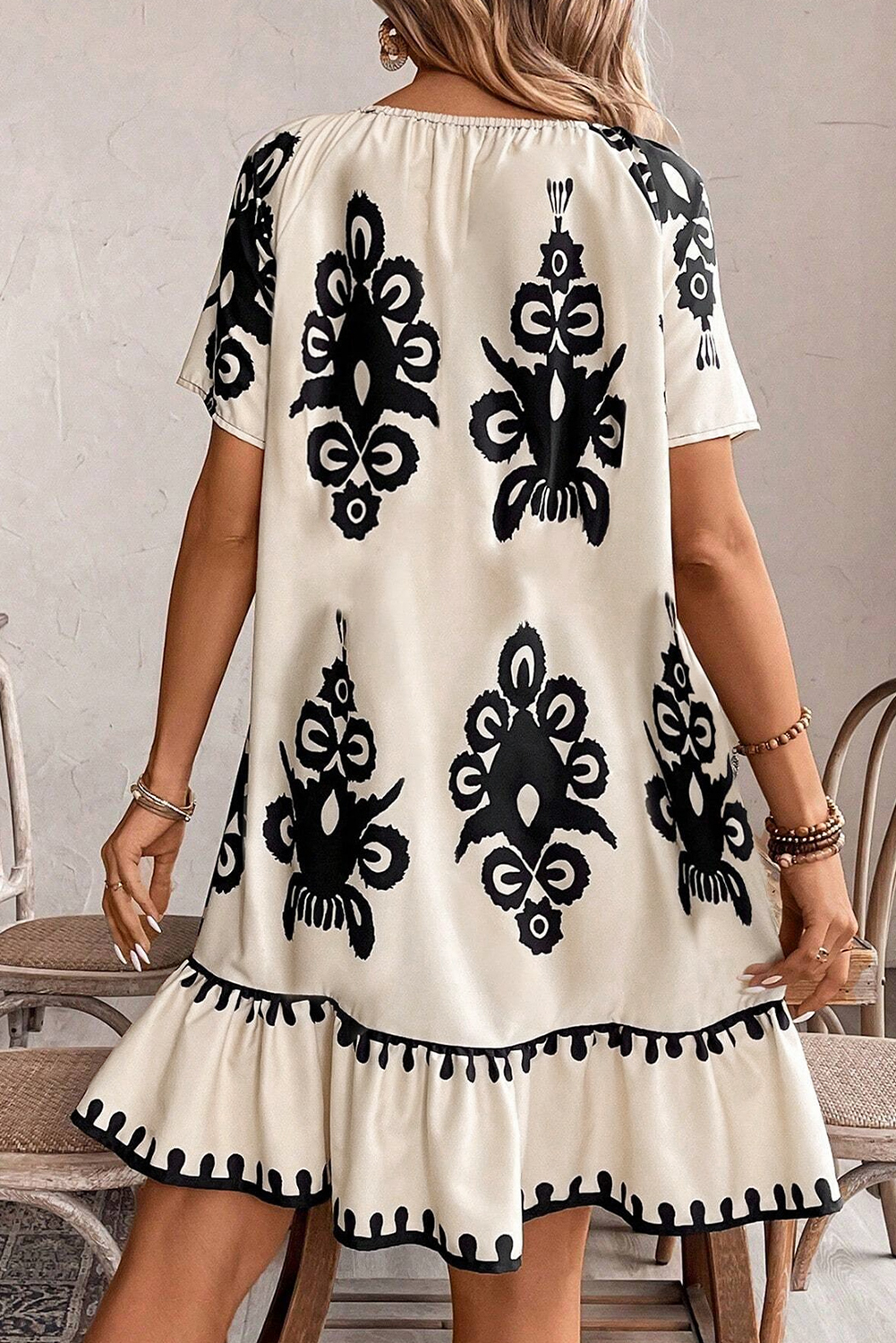 Beige Geometric Printed Sleeveless Hollowed Bowknot Back Mini Dress - loveforevers