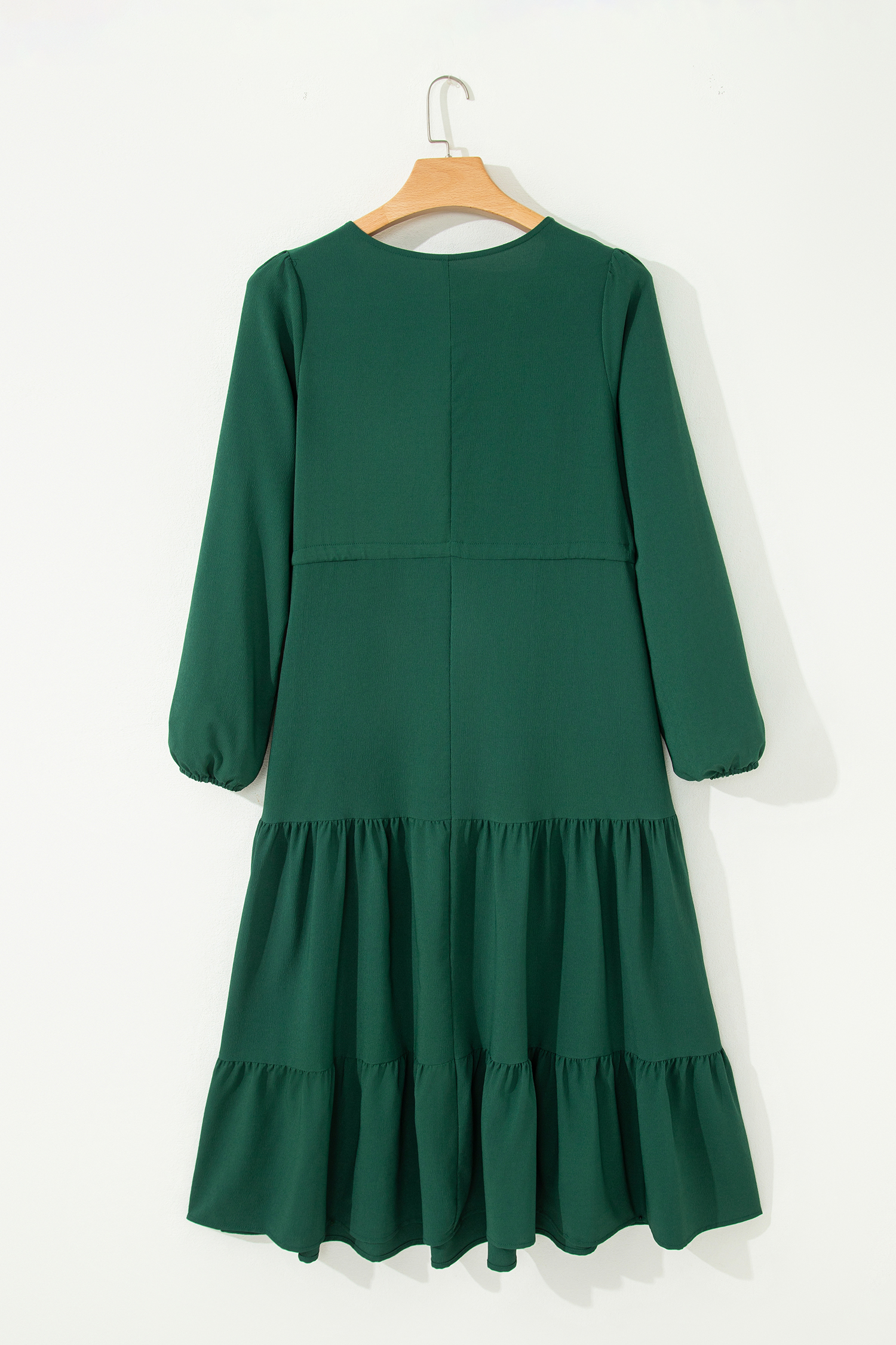 Blackish Green Solid Long Sleeve Button V Neck Tiered Maxi Dress - loveforevers
