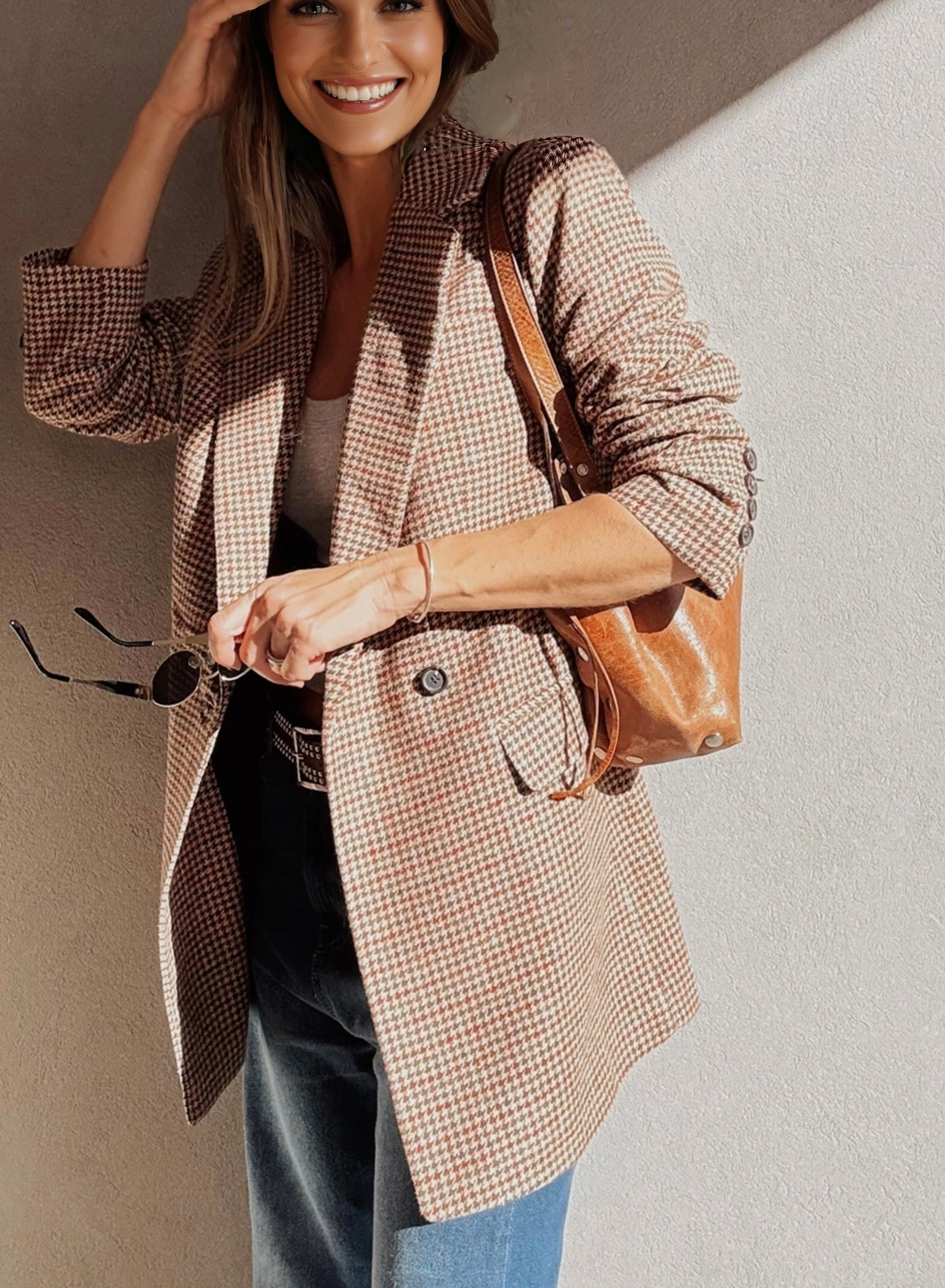 Brown Houndstooth Lapel Collar Blazer - loveforevers
