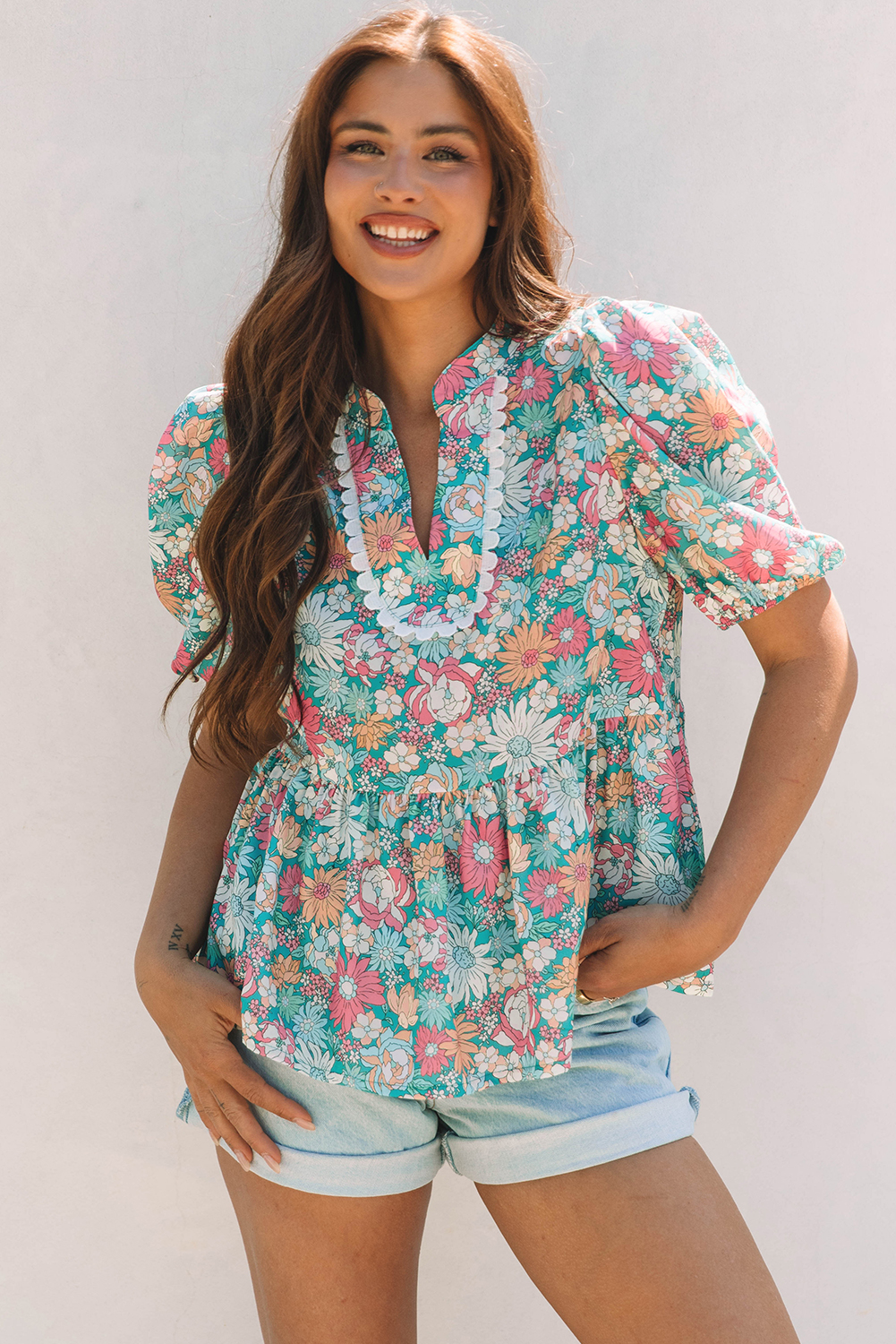 Multicolour Notched Neck Puff Short Sleeve Floral Blouse - loveforevers