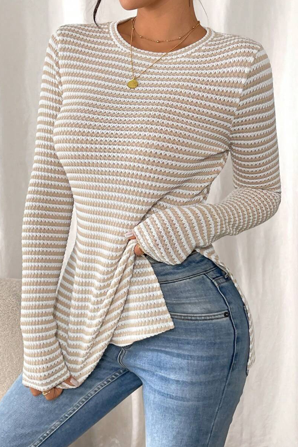 Jet Stream Striped Knit Side Slit Slim Round Neck Tunic Top - loveforevers