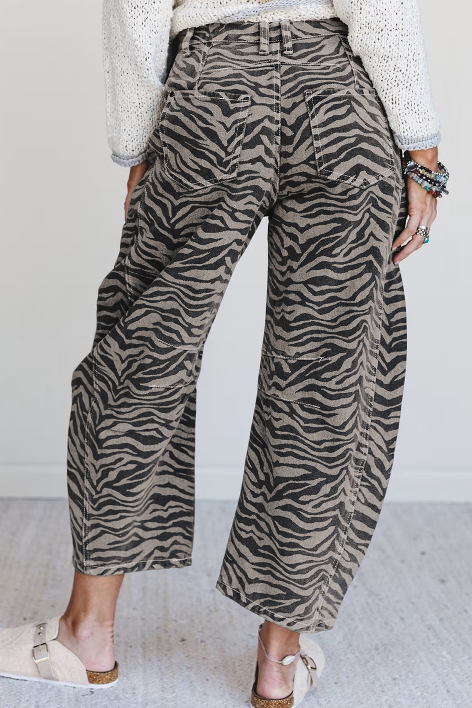 Gray Zebra Stripe Printed Wide Leg Jeans - loveforevers