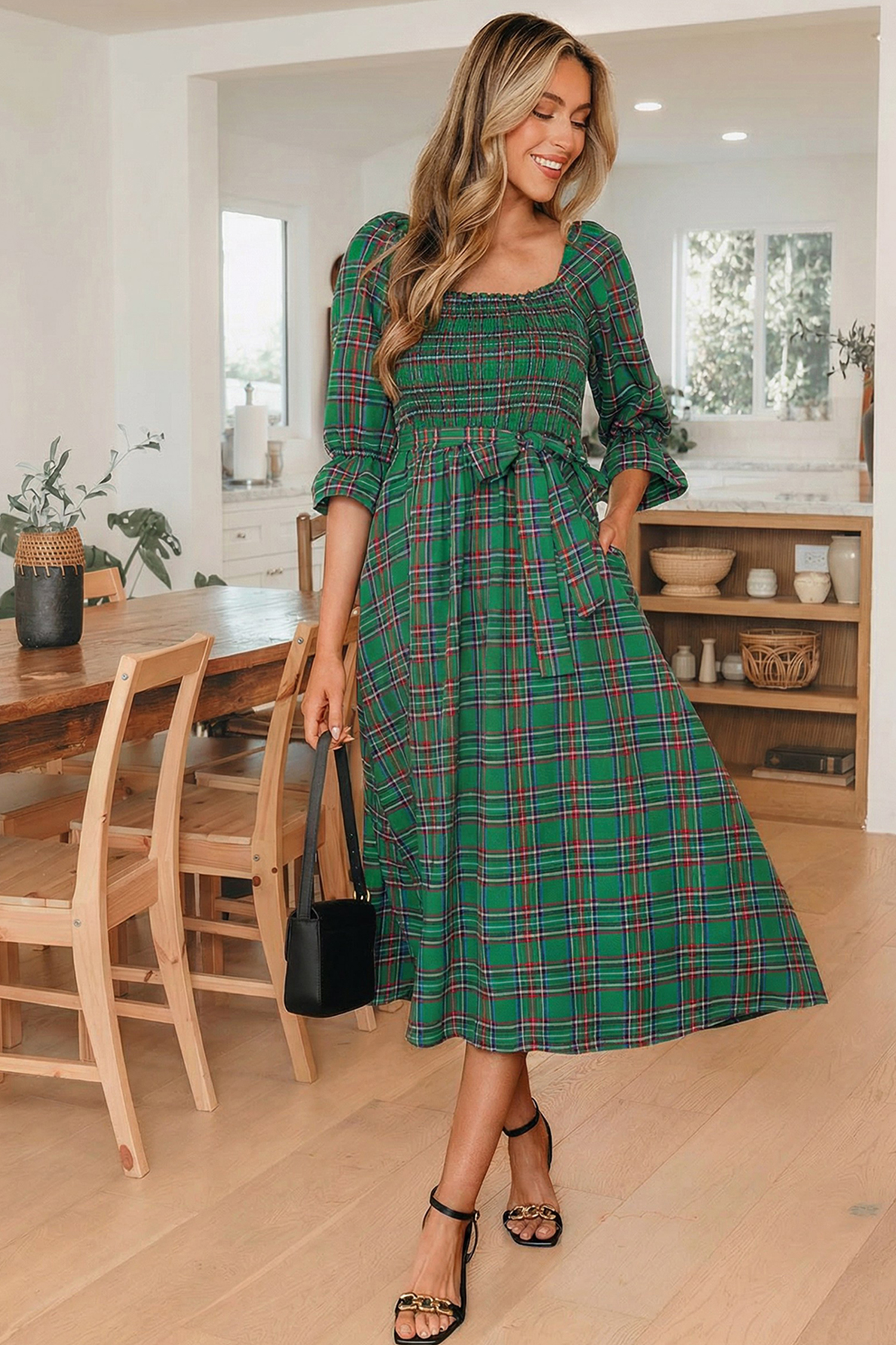 Red Tartan Plaid Square Neck Puff Sleeve Knot Waist Flared Midi Dress - loveforevers