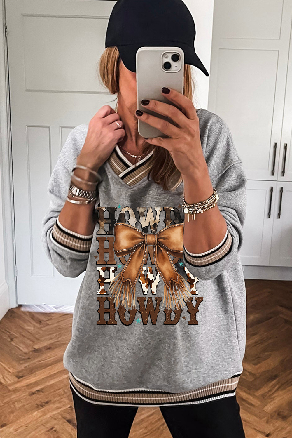 Gray Varsity Contrast Striped Trim V Neck Sweatshirt - loveforevers