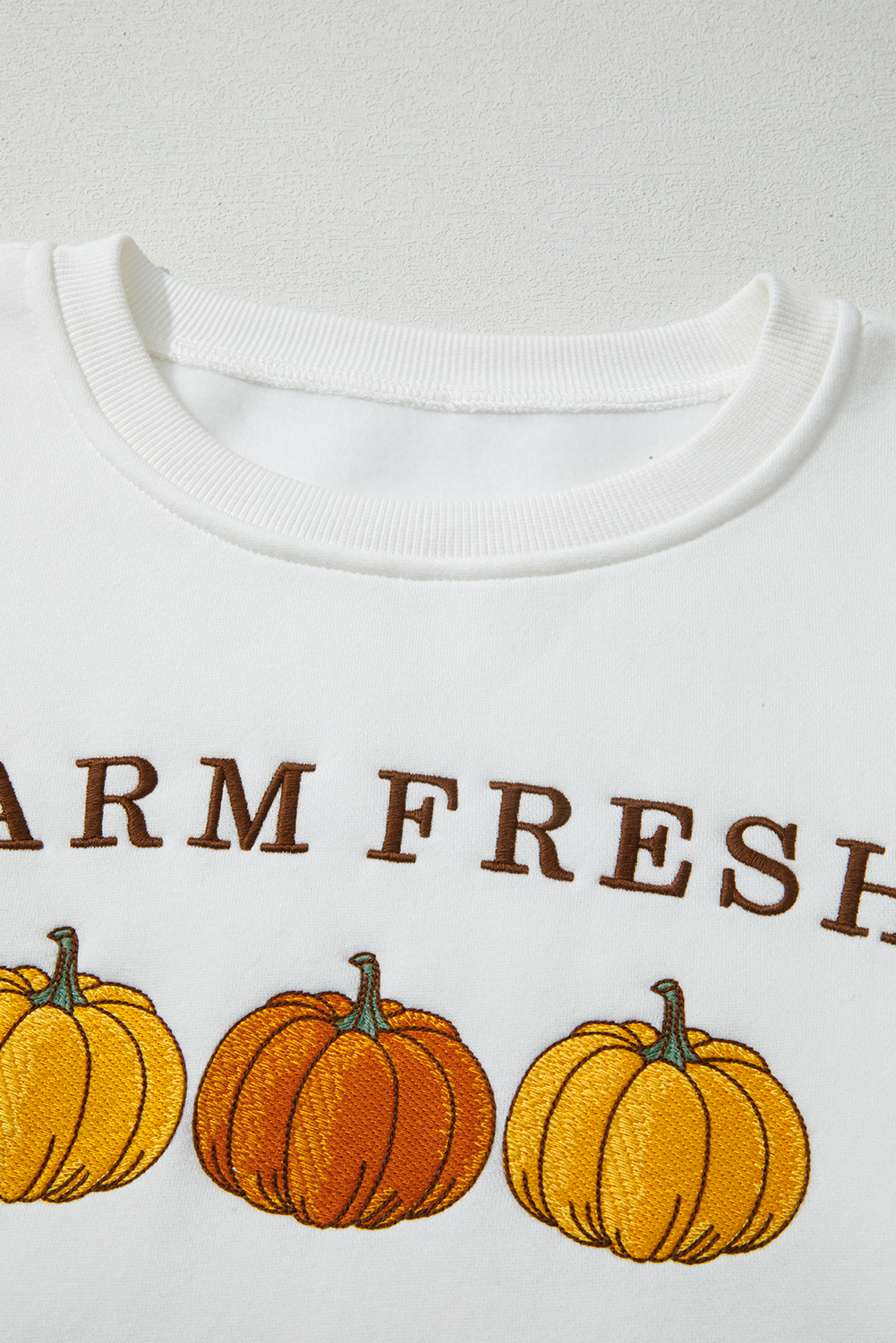 White FARM FRESH PUMPKINS Embroidered Graphic Thanksgiving Holiday Sweatshirt - loveforevers