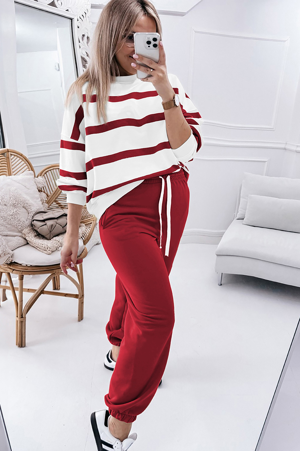 Brown Stripe Striped Drop Shoulder Pullover and Jogger Pants Set - loveforevers