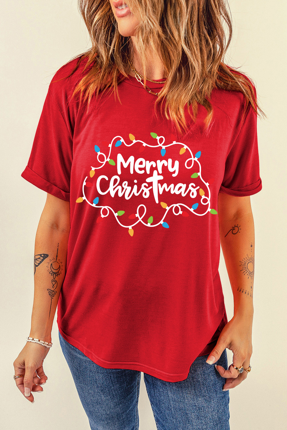 Red Merry Christmas Lights Print Crew Neck T Shirt - loveforevers