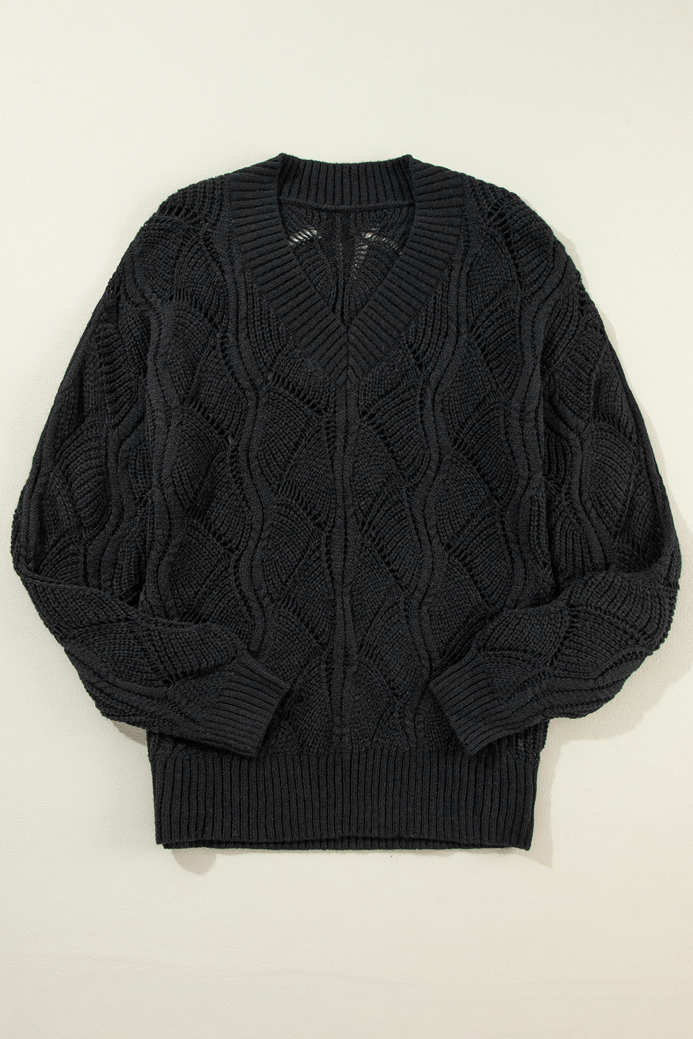 Beige Hollow Out Knit V Neck Drop Shoulder Sweater - loveforevers