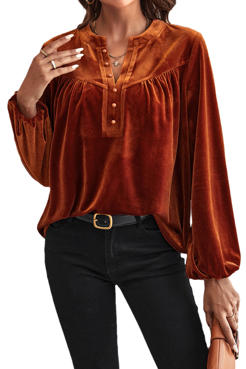 Gold Flame Lantern Sleeve Beaded Split V Neck Velvet Top - loveforevers
