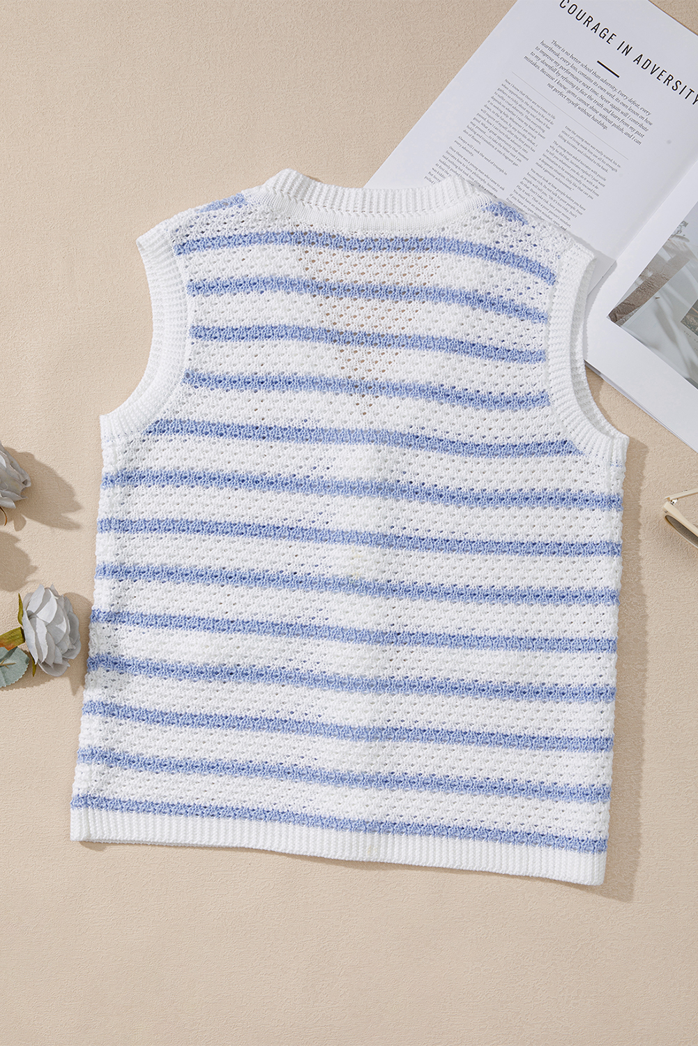 Sky Blue Stripe V Neck Gold Buttons Elegant Sweater Vest - loveforevers