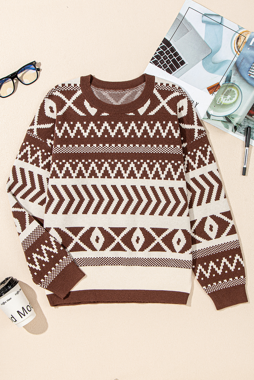 Brown Abstract Print Pullover Sweater - loveforevers