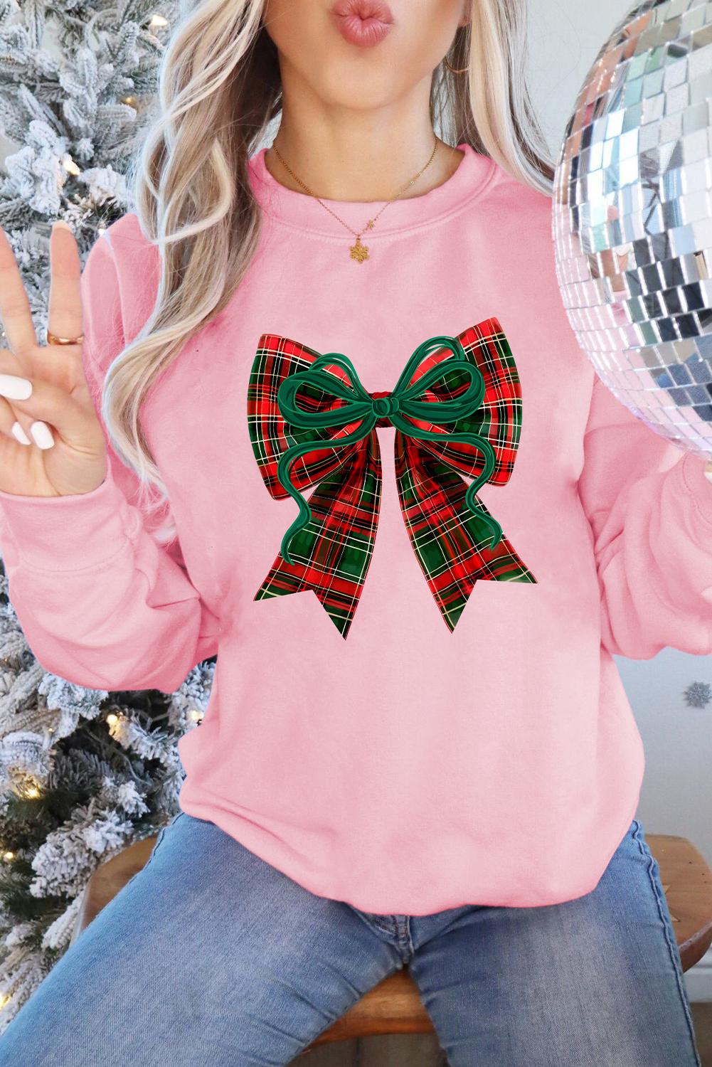 Pink Plaid Bow Christmas Vibe Print Sweatshirt - loveforevers