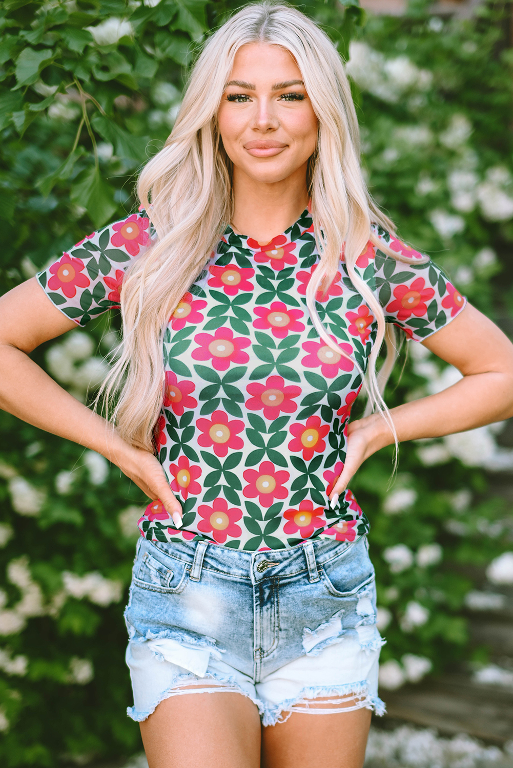 Fiery Red Retro Floral Print Crew Neck T Shirt - loveforevers