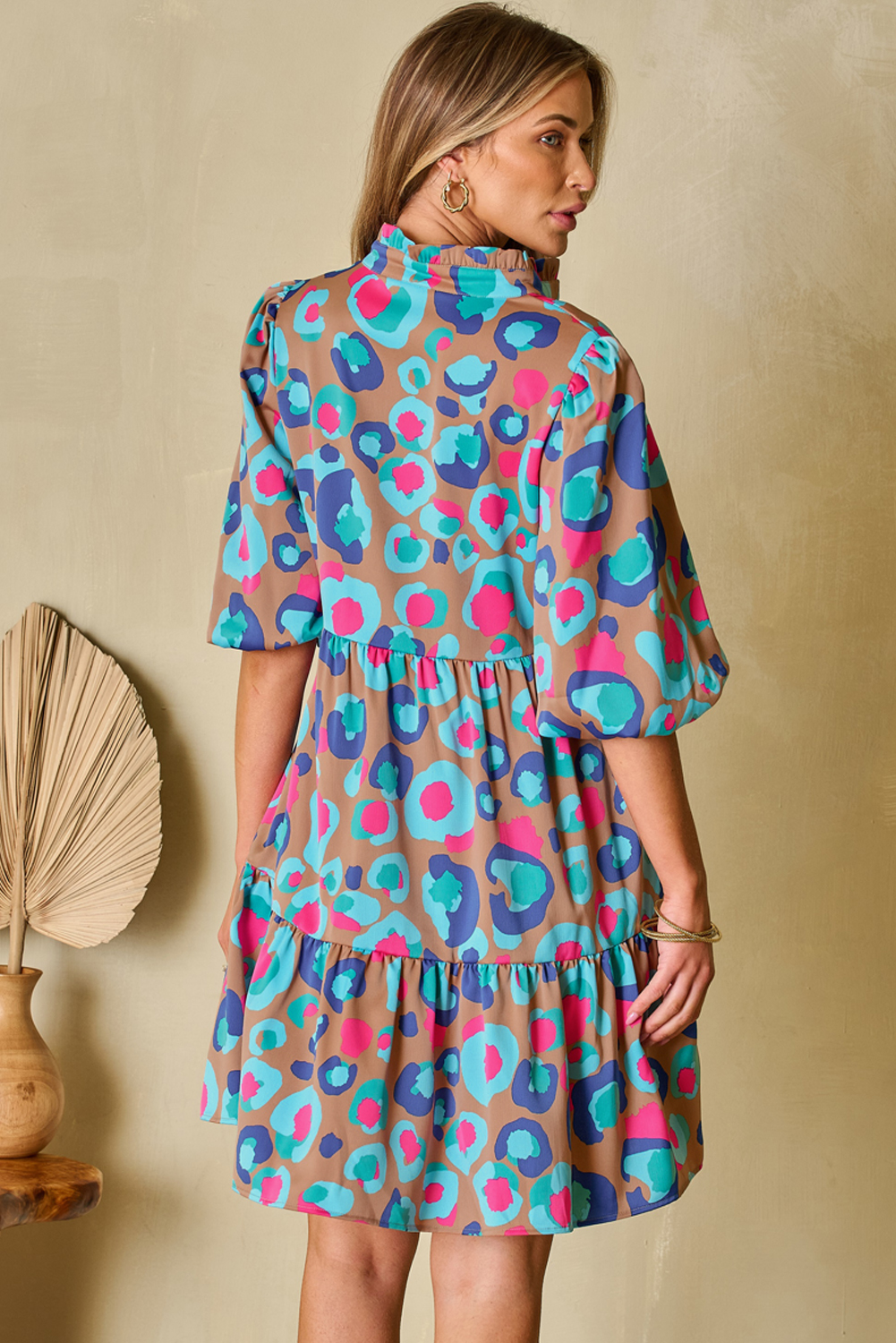 Green Leopard Print Bubble Sleeve Slit Neck Ruffled Dress - loveforevers