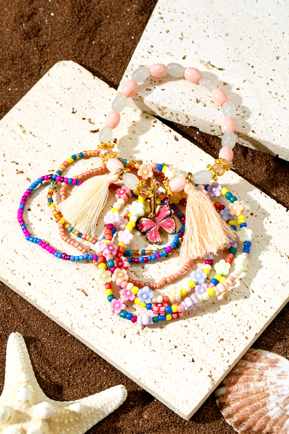 Peach Blossom 7pcs Handmade Beaded Bohemian Style Butterfly Tassel Bracelet Set - loveforevers