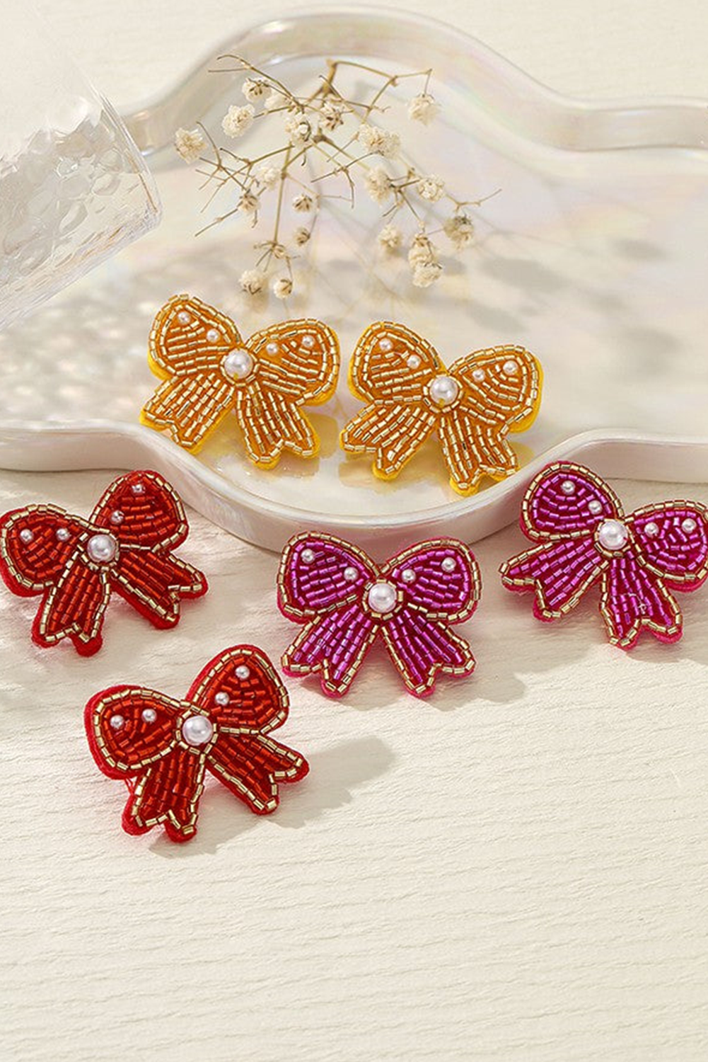Rose Red Pearl Rice Bead Bow Knot Shape Stud Earrings - loveforevers