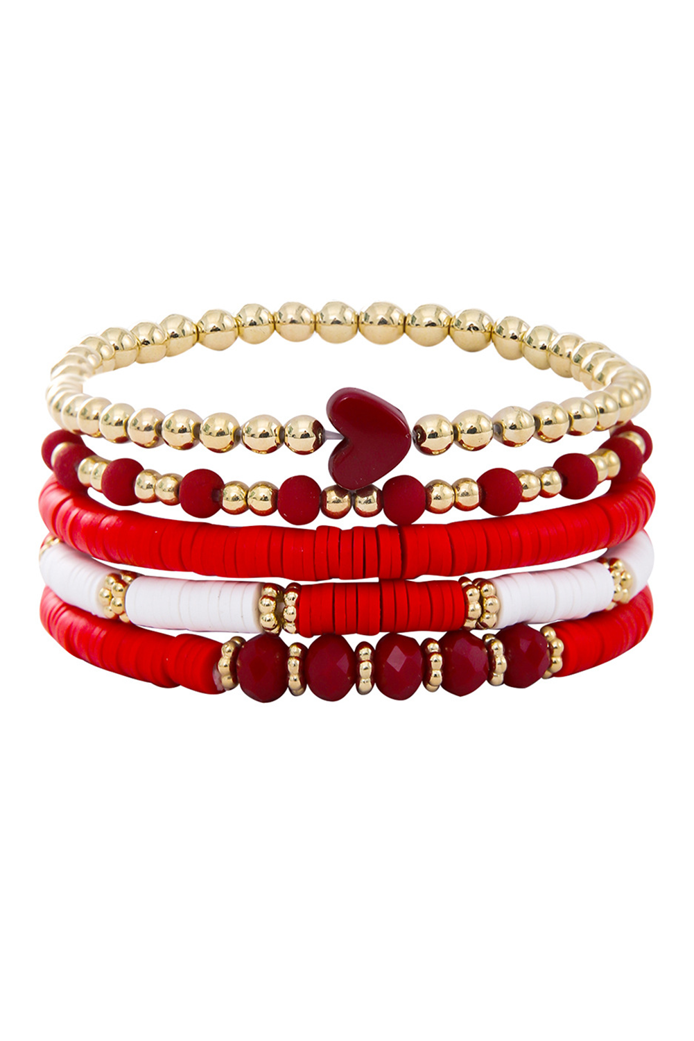 Fiery Red Heart Beaded Multi Layered Elastic Bracelet Set - loveforevers
