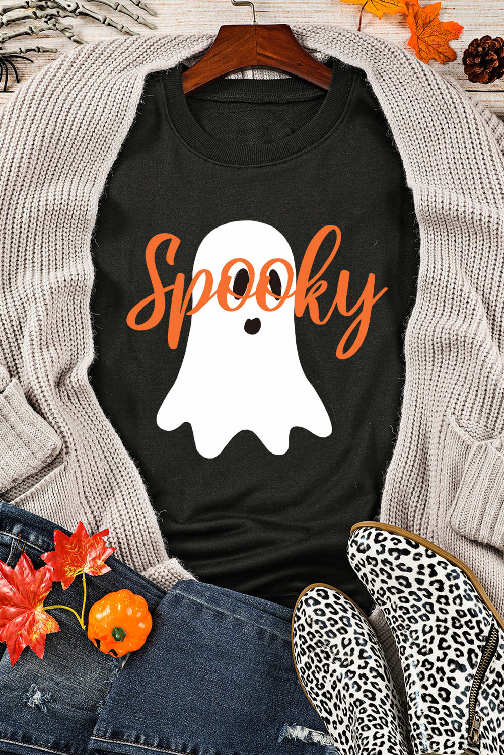 Black Halloween Spooky Ghost Print Crewneck Pullover Sweatshirt - loveforevers