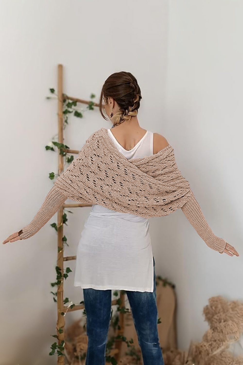 Gray Cross Detail Hollowed Knit Scarf with Sleeves - loveforevers