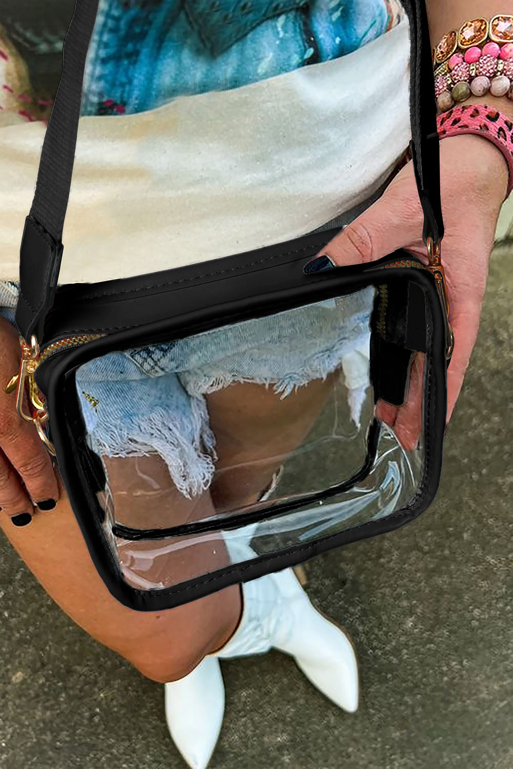 Black Clear PVC Leather Strap Crossbody Bag - loveforevers