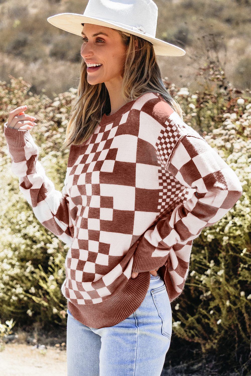 Khaki Checkered Print Drop Shoulder Round Neck Sweater - loveforevers