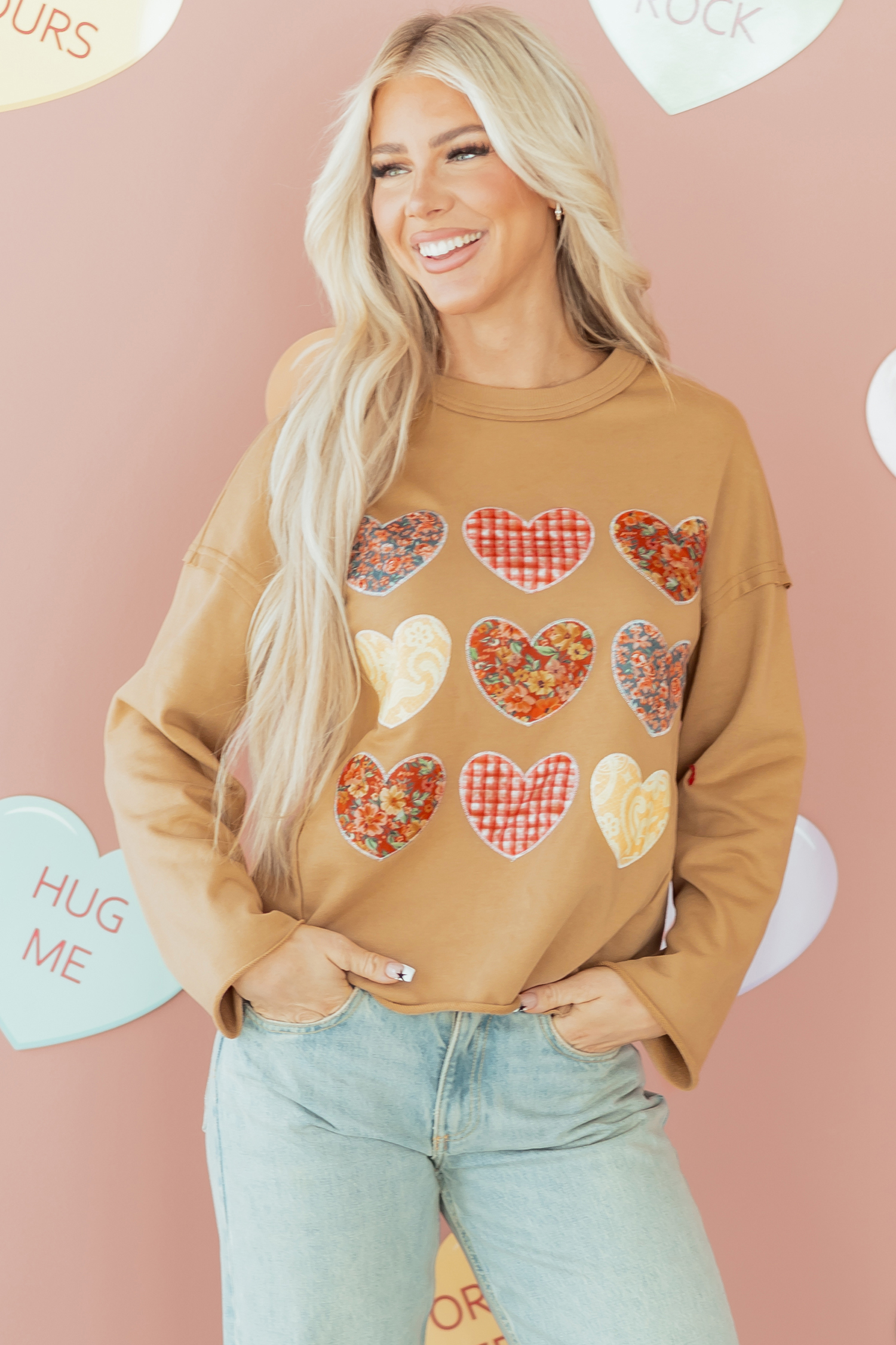 Straw Yellow Plaid Floral Heart Stitched Exposed Seam Mineral Wash Sweatshirt - loveforevers