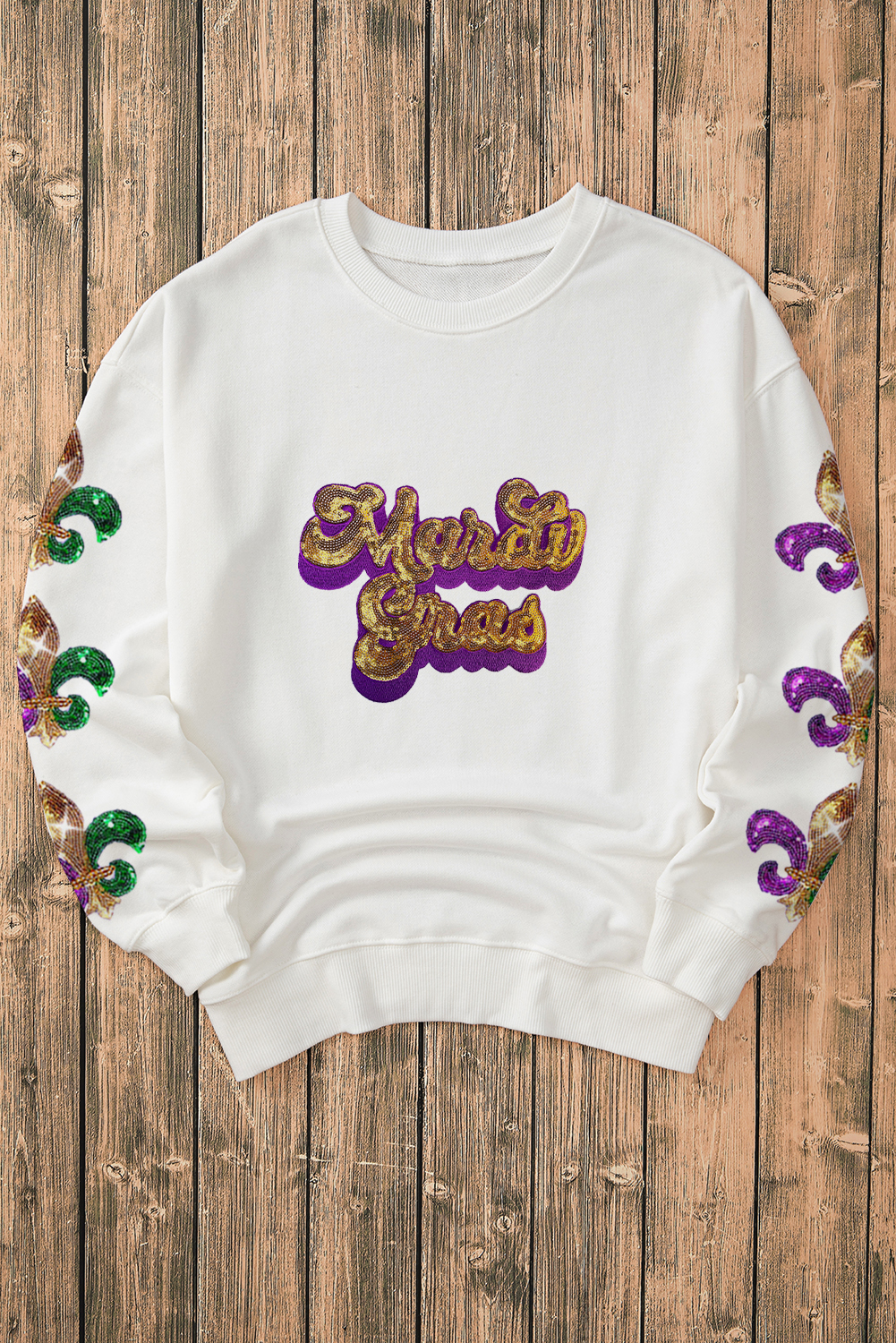 Beige Sequin Mardi Gras Patched Pattern Fleur de Lis Sleeve Sweatshirt - loveforevers