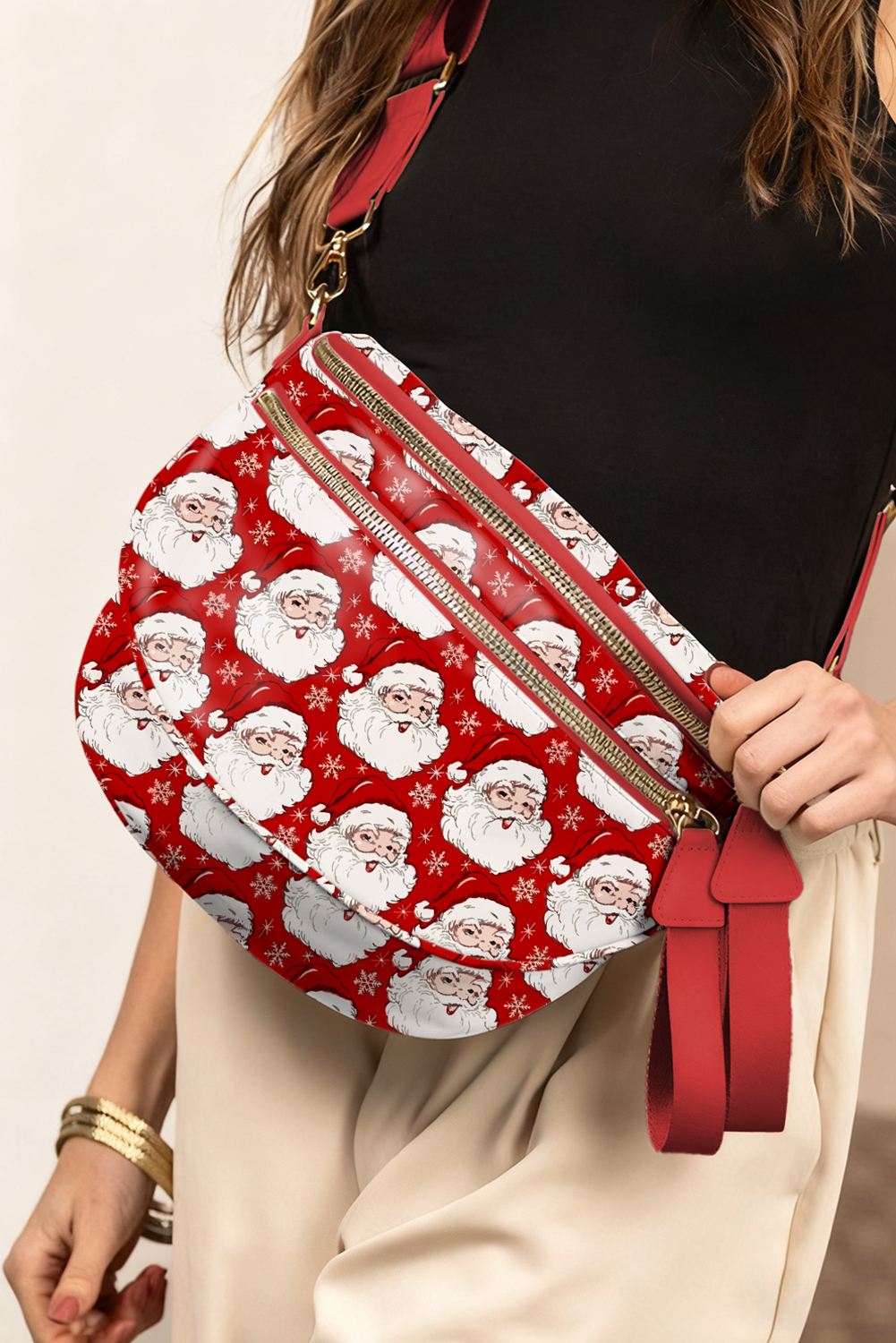 Fiery Red Christmas Theme Double Zip PU Leather Crossbody Bag - loveforevers