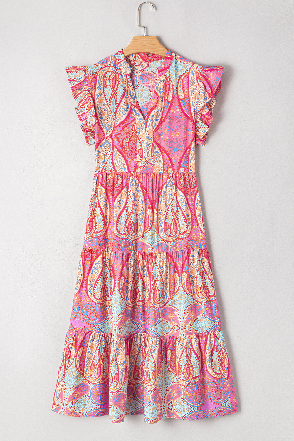 Rose Tribal Paisley Print Ruffled Sleeve Notch Neck Midi Dress - loveforevers