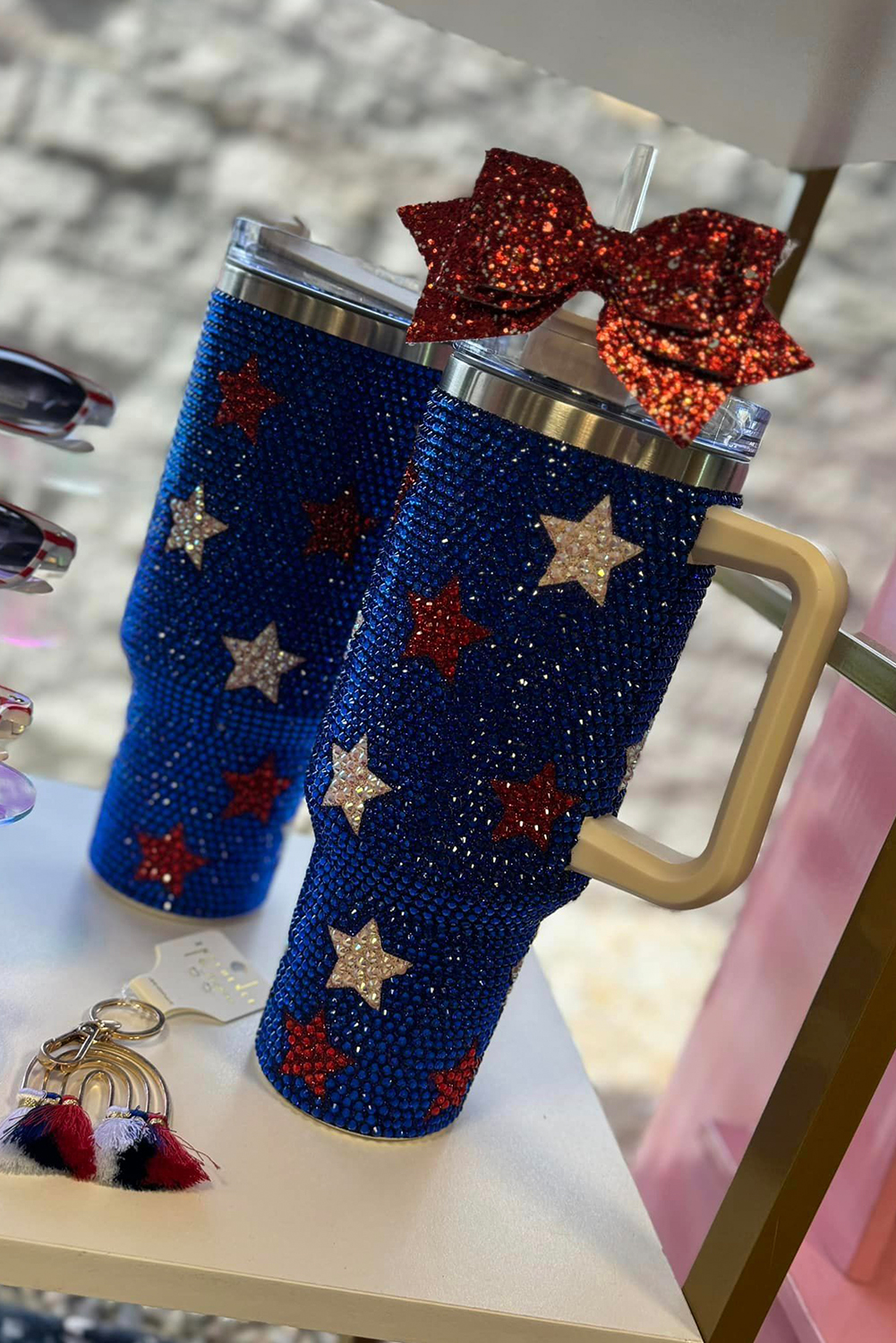 Dark Blue Star Shape Rhinestone Handle Large Vacuum Cup 40oz - loveforevers